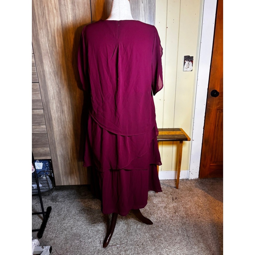 297. Burgundy Tiered Chiffon Flutter Sleeve Midi Dress 1XL Asymmetrical Layered - Picture 3 of 5
